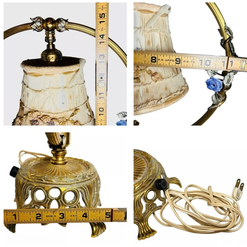 Vintage French Ormolu Porcelain‎ Flowers Tole Toleware Boudoir Gold Circle Lamp